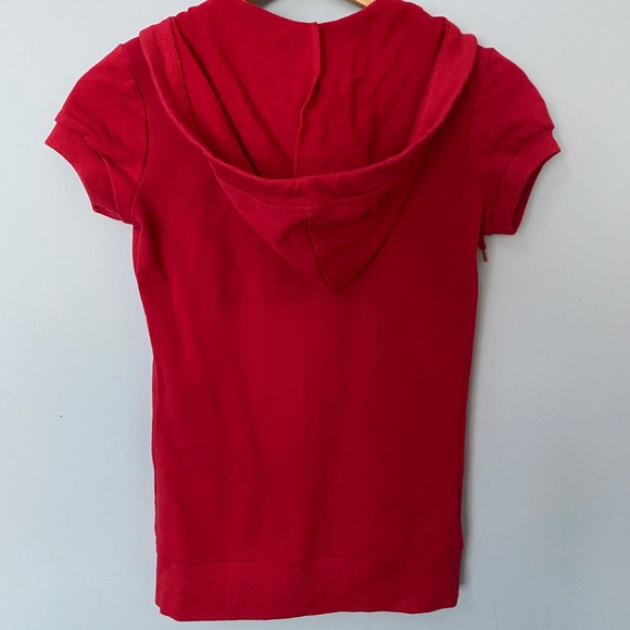 Red Short Sleeved Sweatshirt with Hood Buttons and Gathering - Picture 8 of 16
